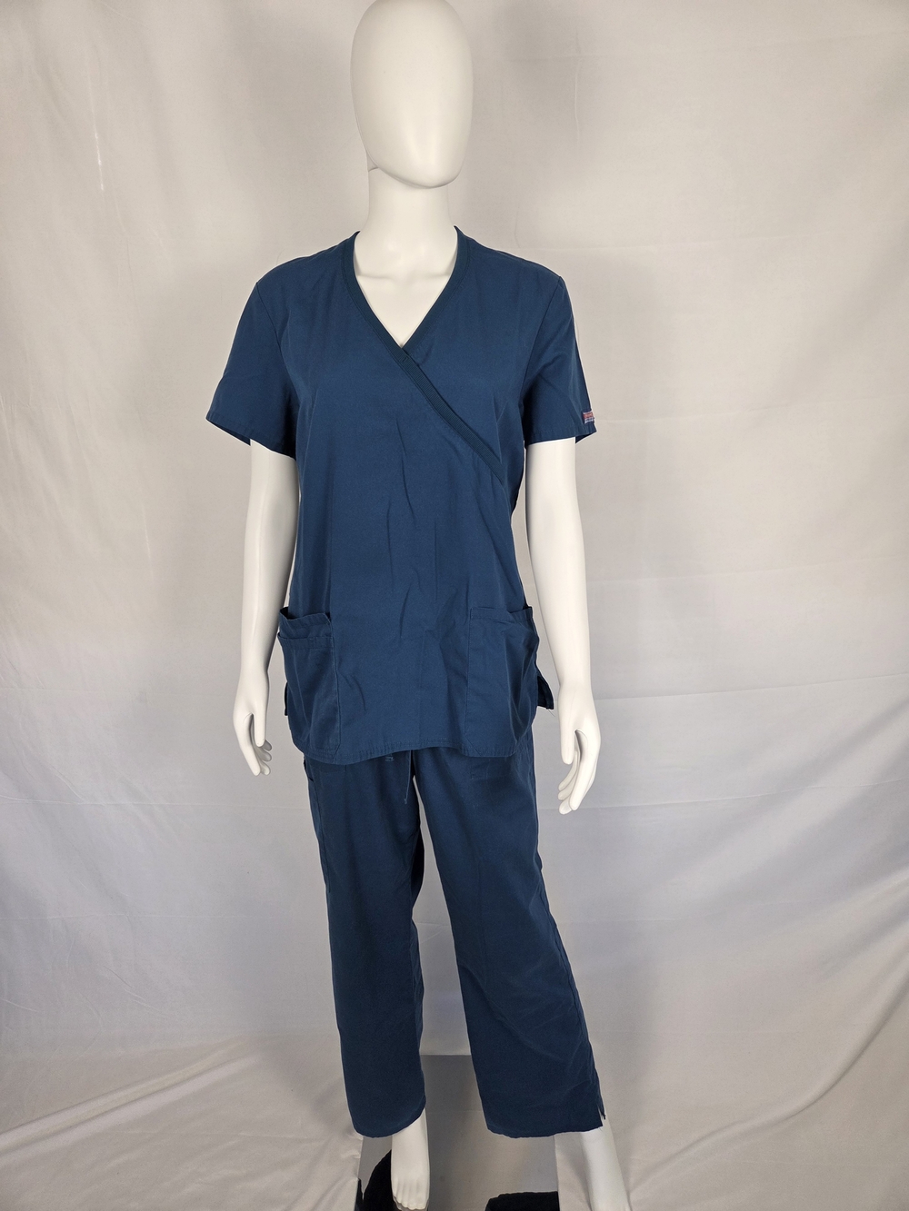 Women's Short Sleeve Wrap Scrub Top - Caribbean Blue